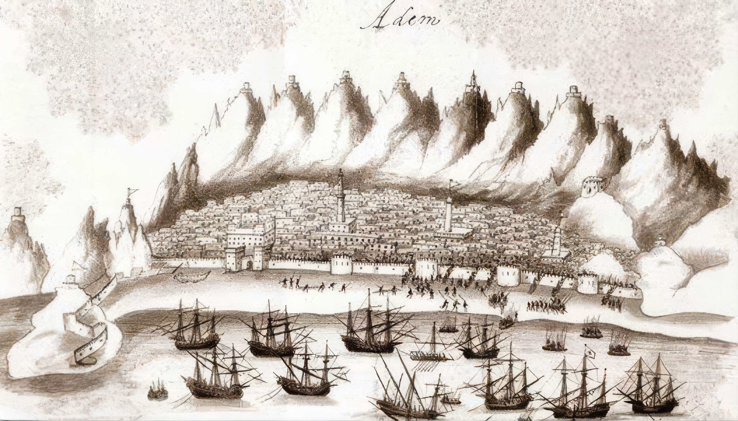 Sepia-toned drawing of a coastal city surrounded by mountains, with ships anchored in the harbour and buildings densely clustered near the shore.